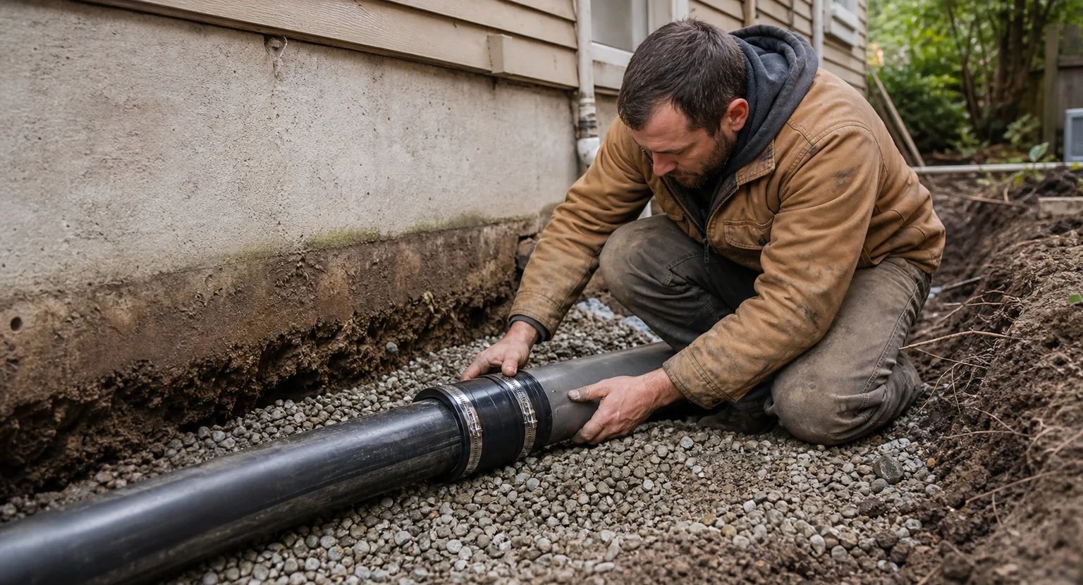 Professional plumber performing sewer line repair work replacing damaged pipe section in Seattle