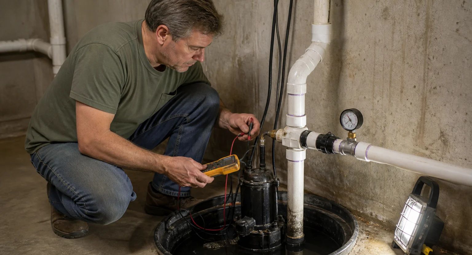 Licensed plumber using multimeter and flow test gauge to diagnose sump pump electrical and performance issues
