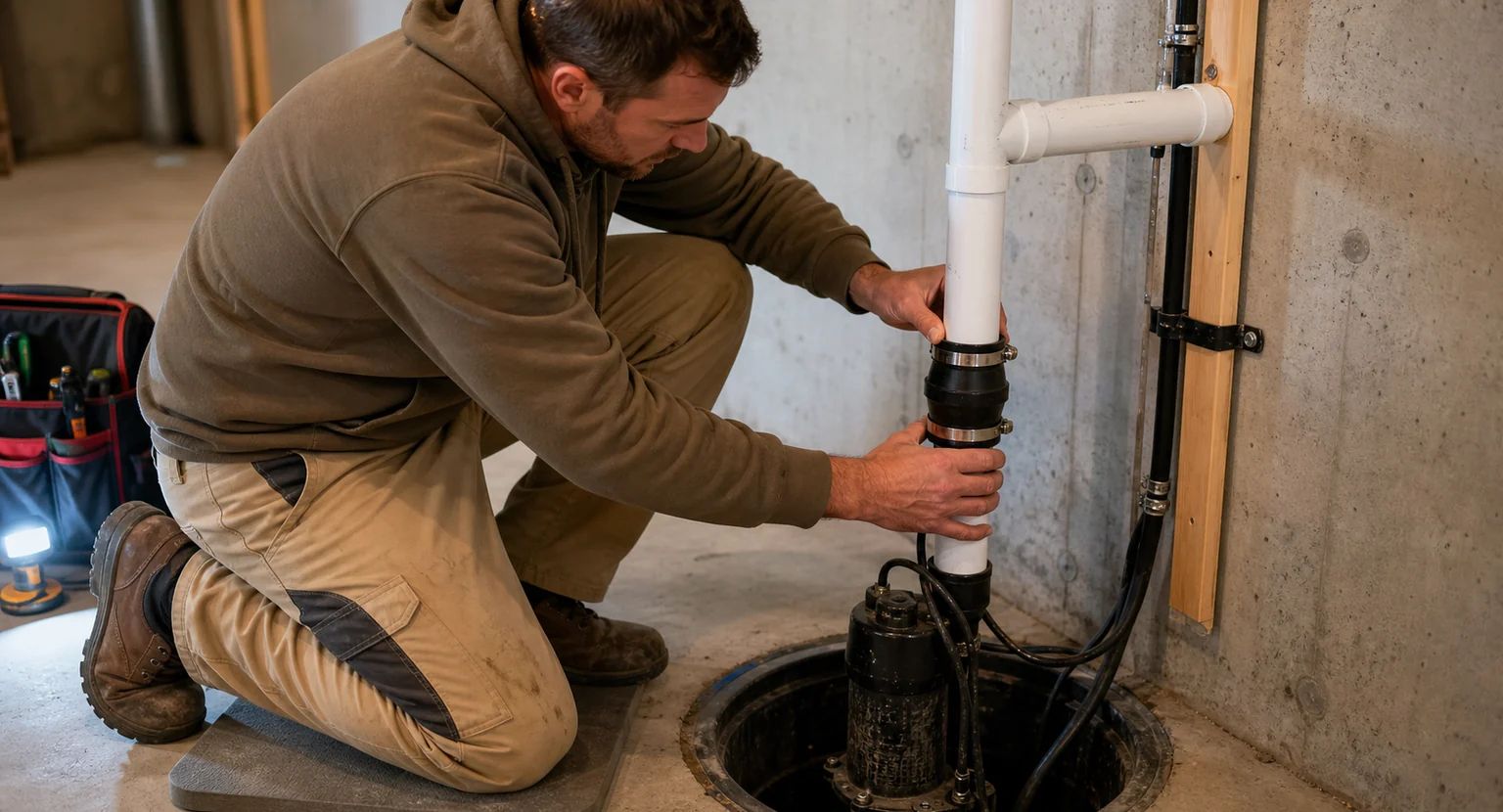 Professional plumber performing sump pump repair replacing worn components and fixing discharge piping
