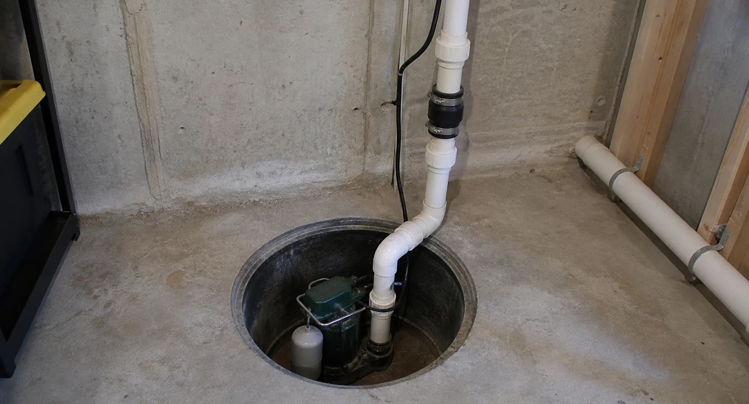 Sump pump system installed in basement sump basin with piping and discharge components in Seattle home