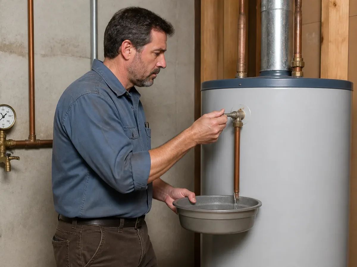 Technician testing the temperature and pressure relief valve on a water heater