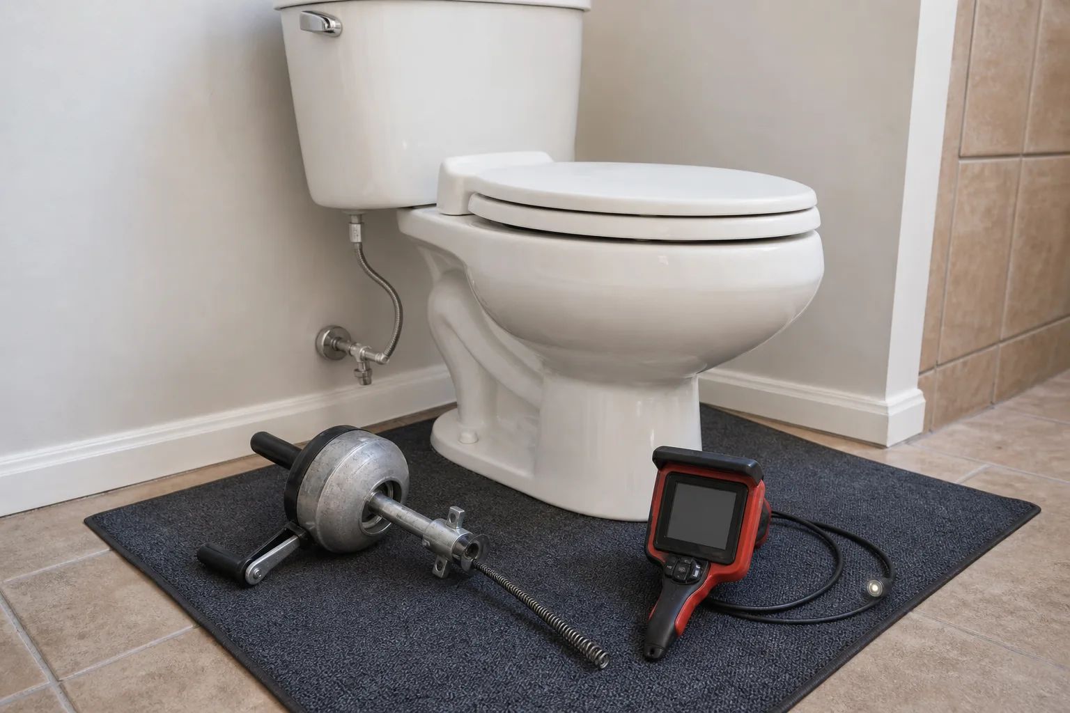 Professional toilet drain-clearing equipment positioned beside a bathroom toilet