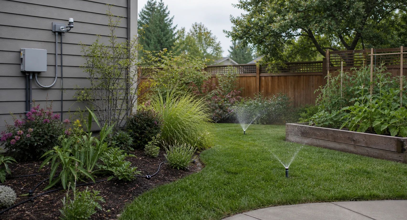 Smart irrigation water distribution for lawn and garden with efficient plumbing system