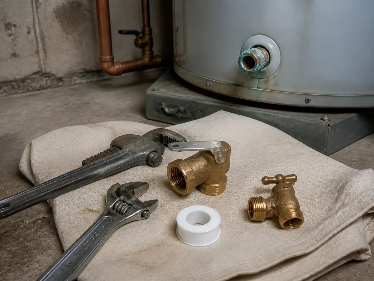 Replacement valves and wrenches for a water heater leak repair