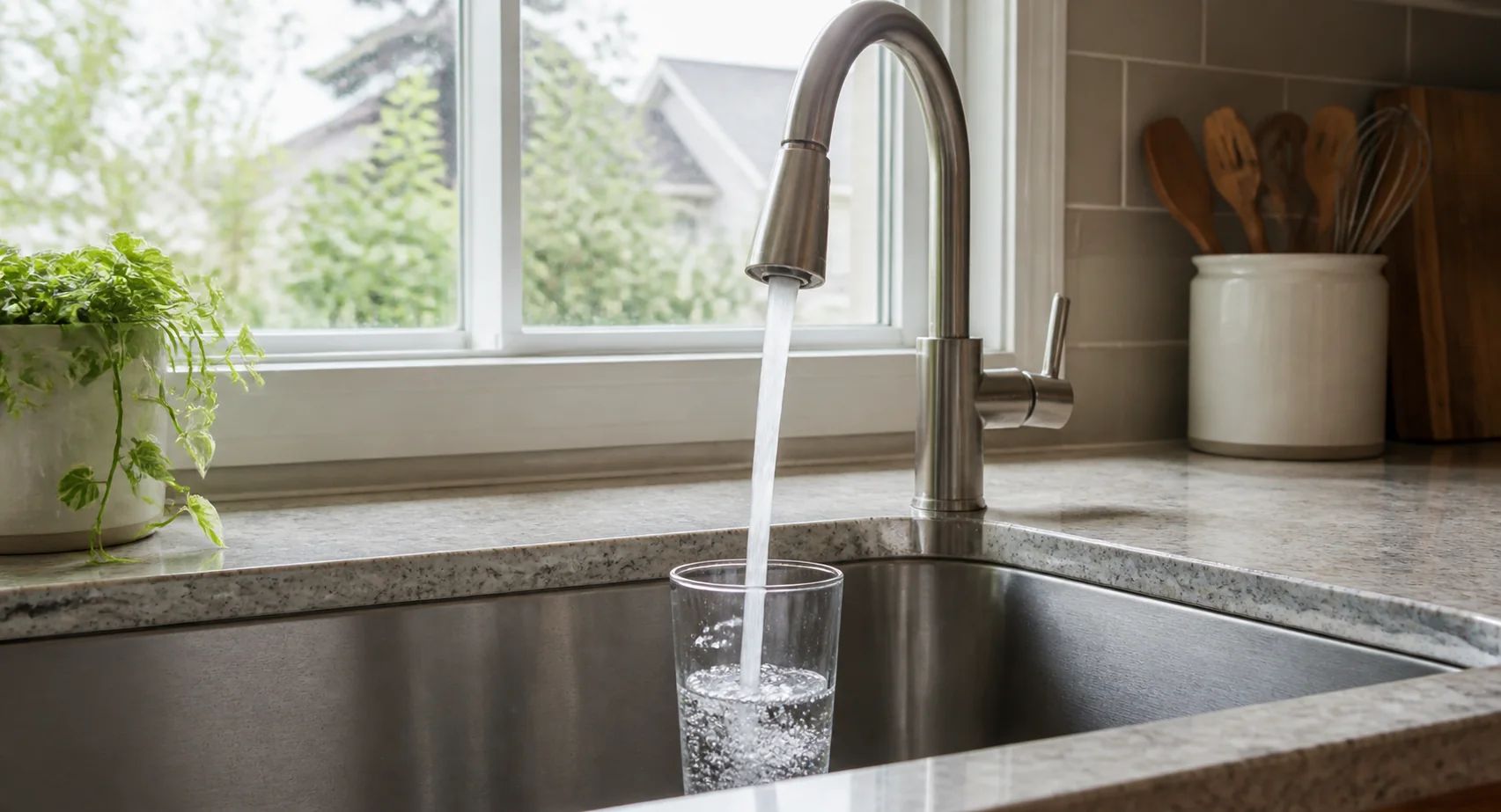 Clean treated water flowing from faucet after water softener treatment for improved quality
