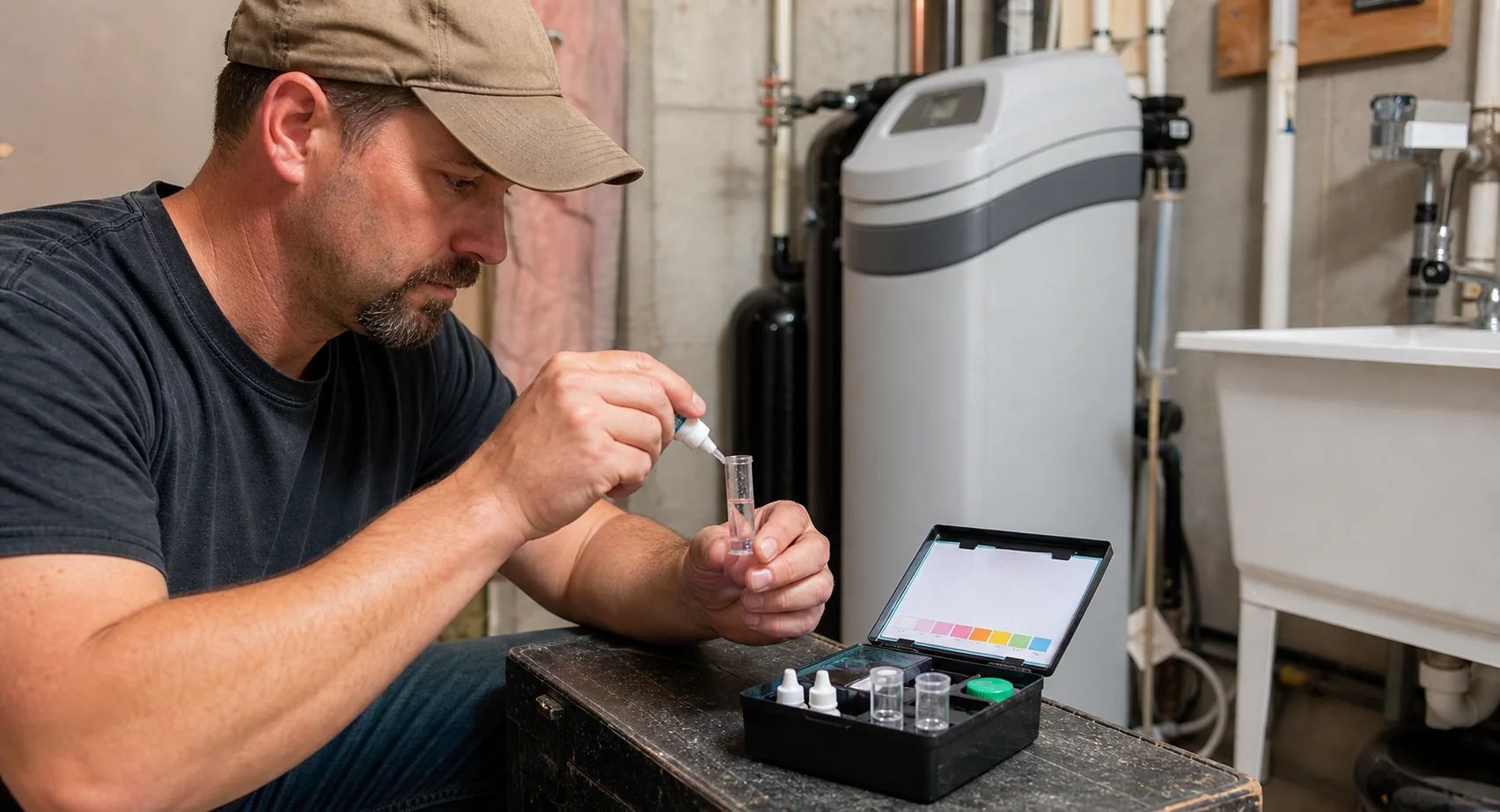 Licensed plumber using water hardness test kit to inspect water softener system performance