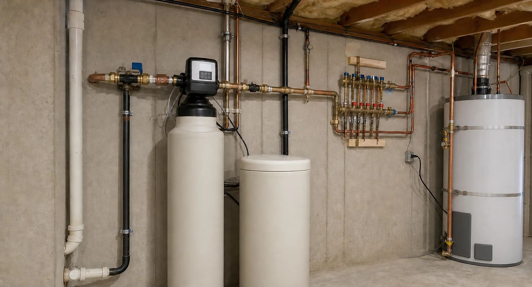 Water softener integrated with plumbing system distributing treated water to fixtures and appliances