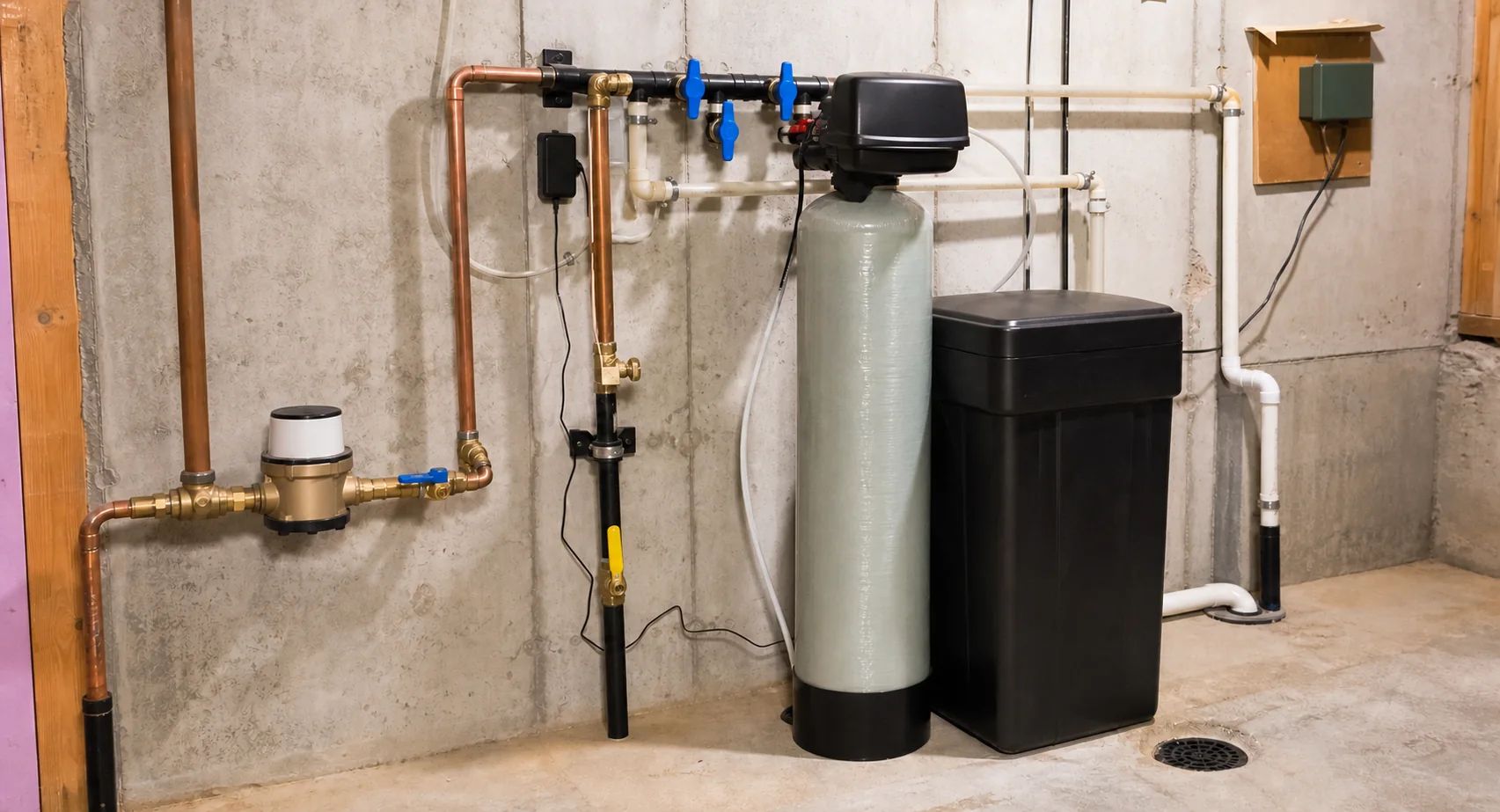 Water softener system installed at point of entry to building water supply in Seattle home